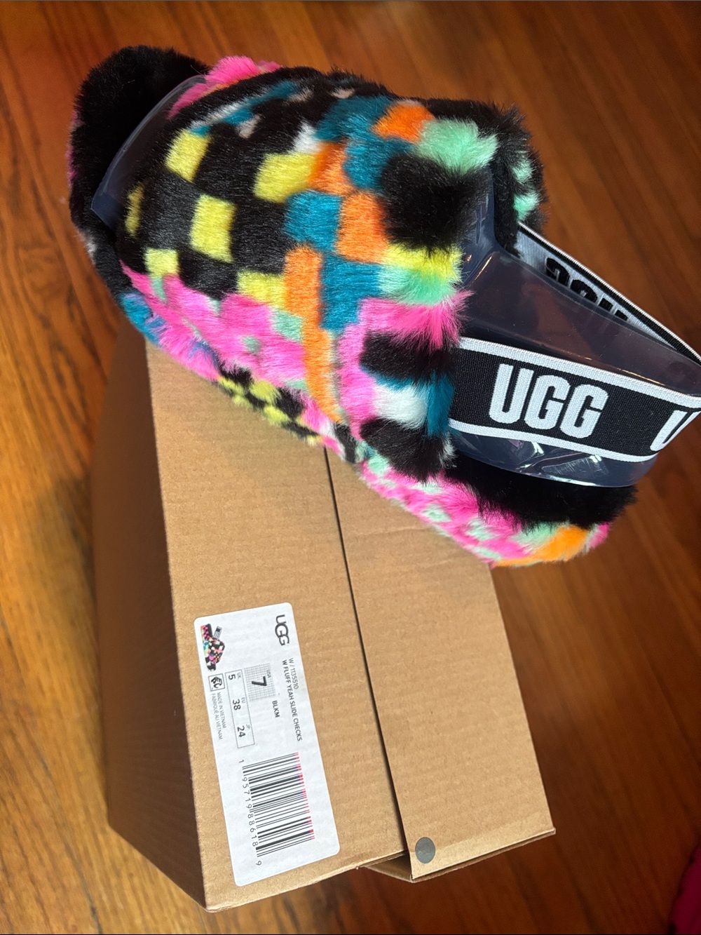 UGG Neon Checkerboard Furry Slide in Pink, Yellow, Blue, Orange and Black